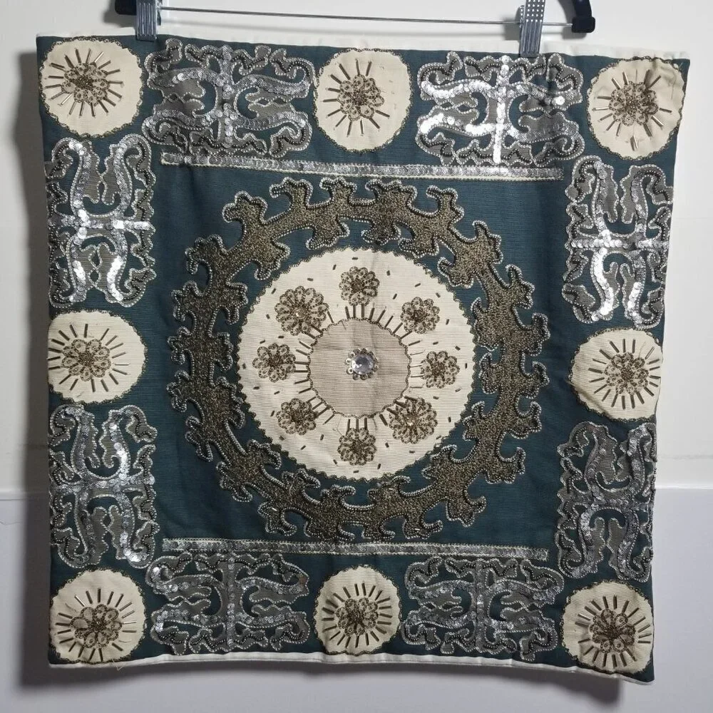 Bundle of  Z Gallerie Green/Cream Embellished Pillow Covers